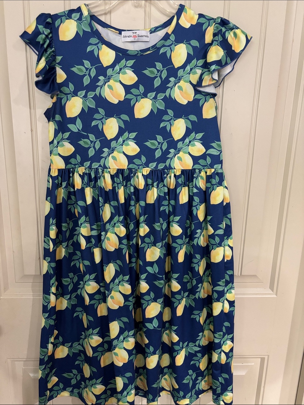 Girls' Lemon-Print Navy Casual Flutter-Sleeve Dress